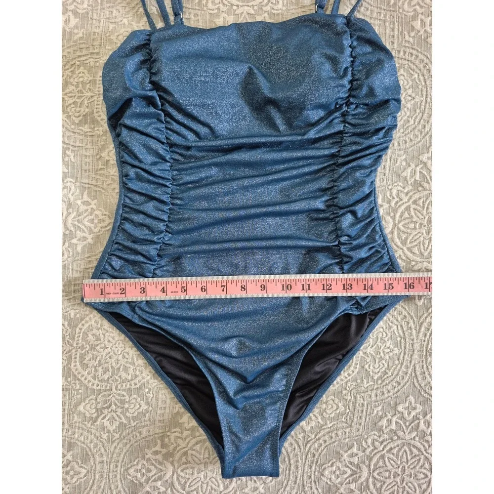 Cupshe Blue‎ Glitter Ruched One Piece Swimsuit Shimmer Square Neck Large